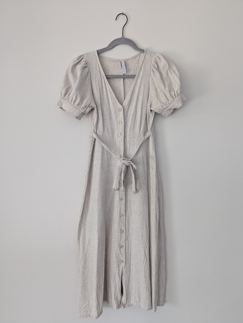 Rachel Pally Piper Dress Linen Blend Puff Sleeve Button Tie Waist Midi USA - Picture 3 of 12